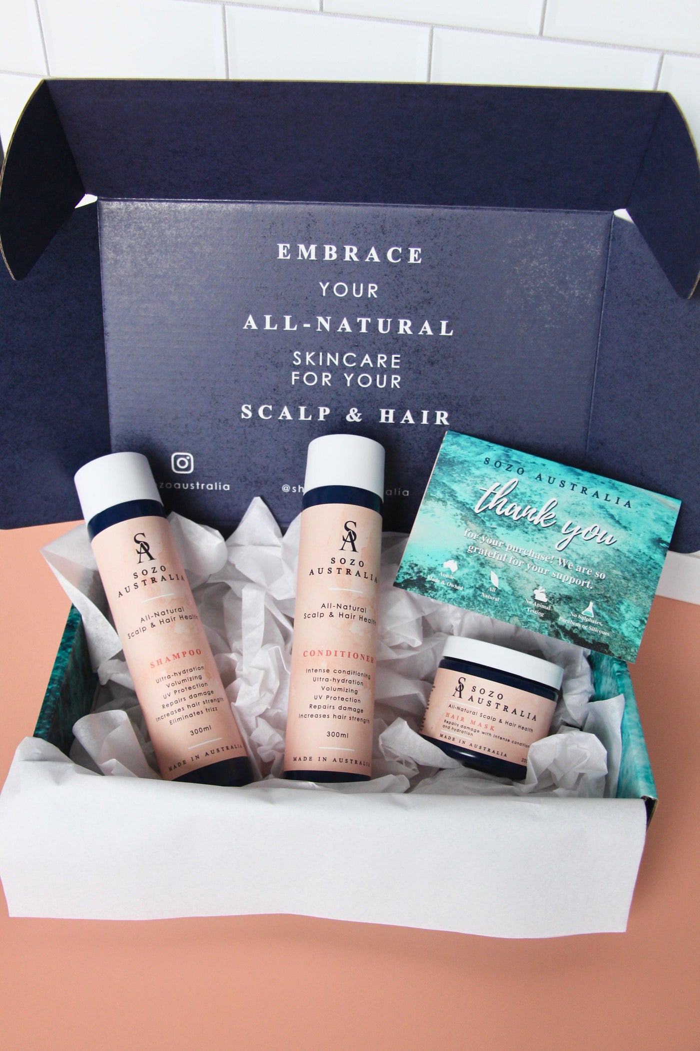 Sozo Australia Hair Health Trio which consists of a natural shampoo, conditioner and hair mask in a navy box