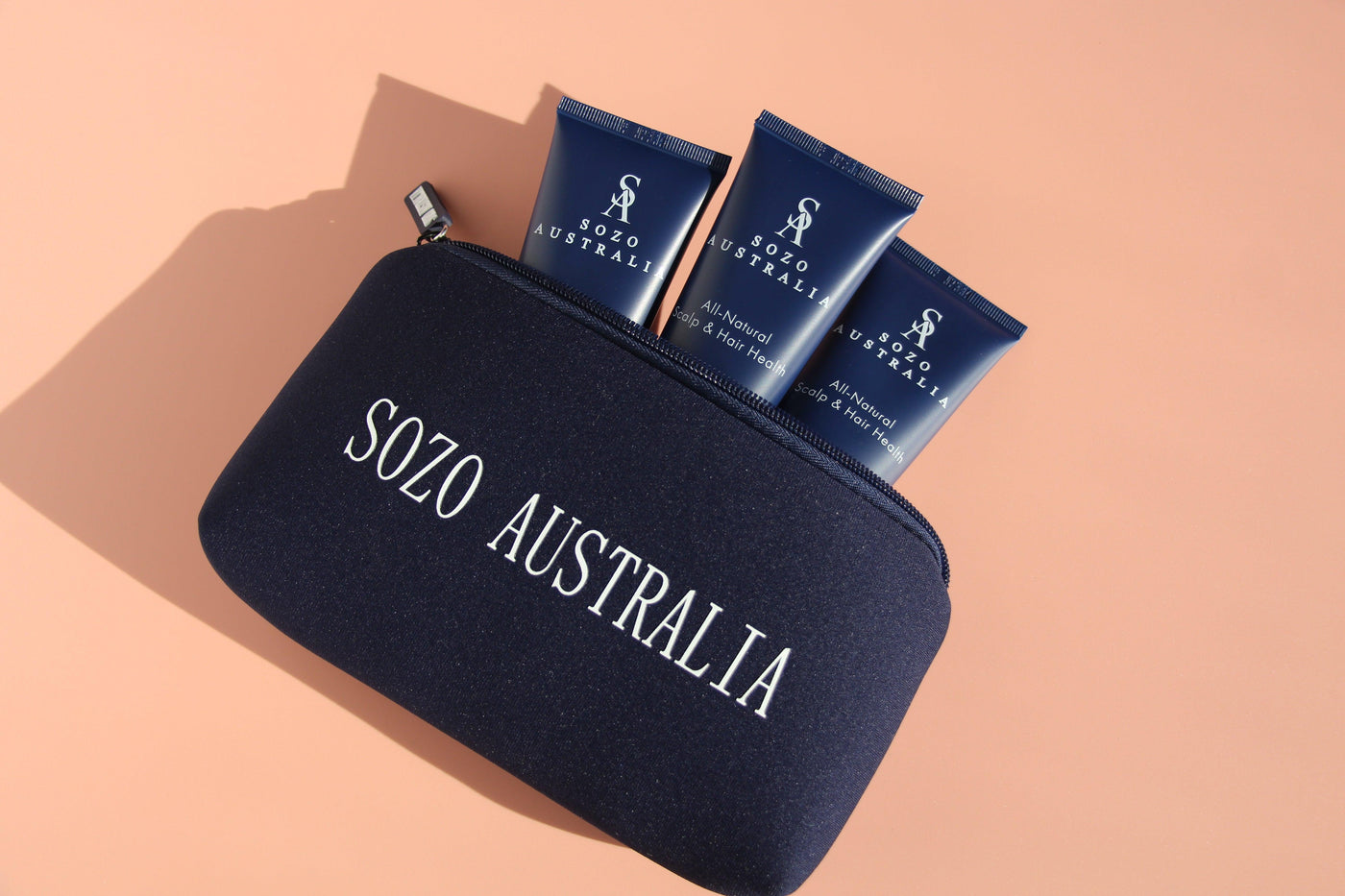 Sozo Australia Hair Travel Kit Containing An All-Natural 60ml Shampoo, Conditioner And Hair Mask With A Free Travel Cosmetic Pouch