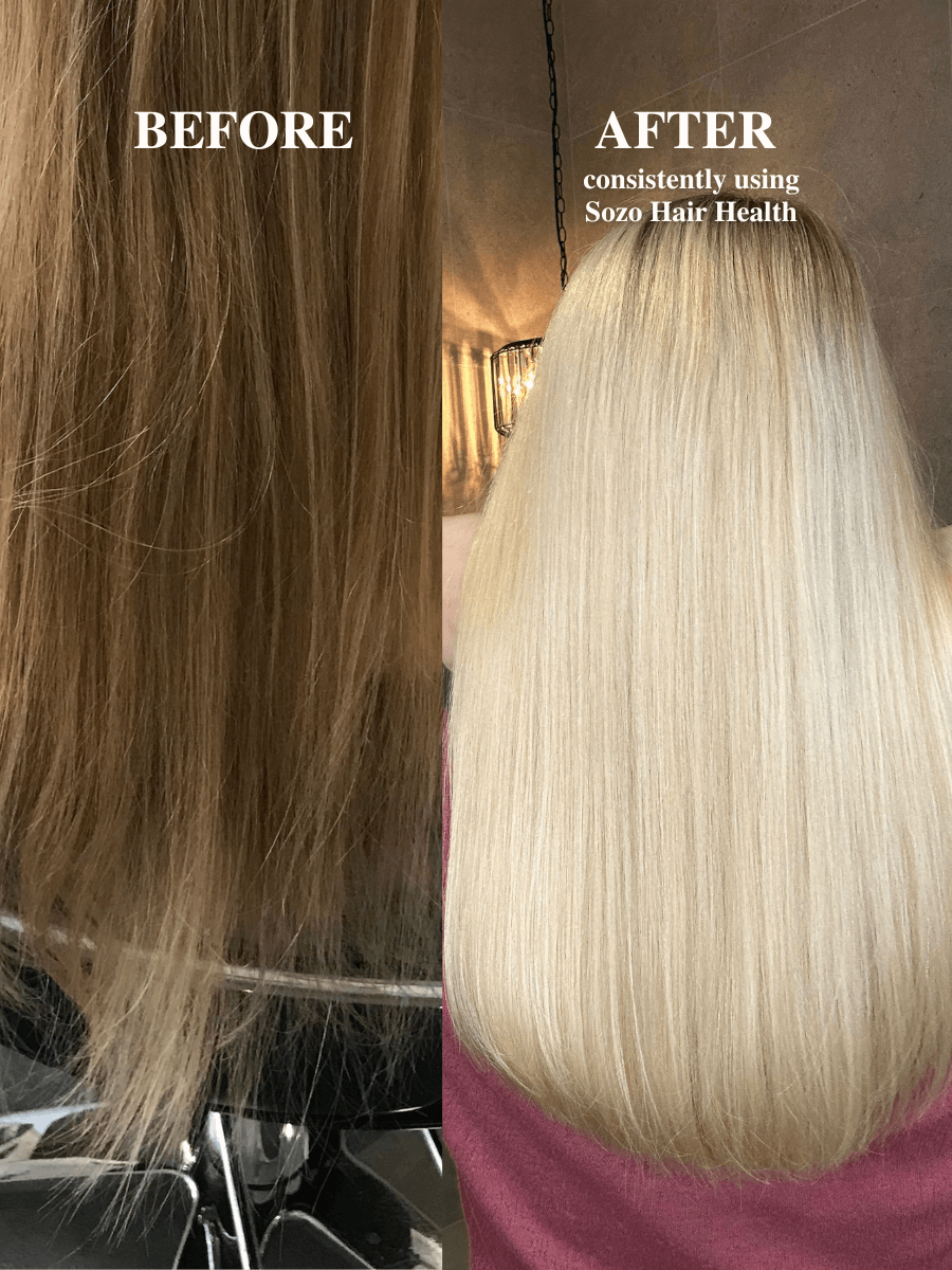 Blond hair before and after using Sozo natural haircare