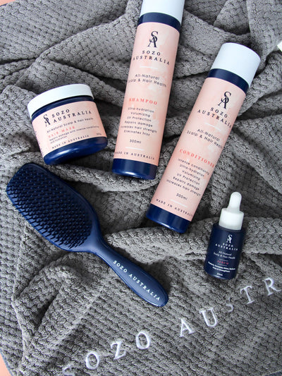 All-natural shampoo, conditioner, hair mask, scalp & hair serum, hair brush and microfibre towel