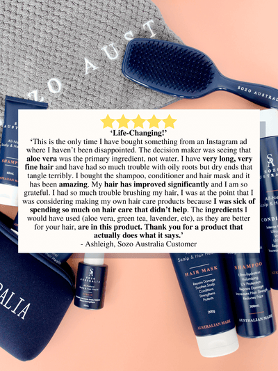 Sozo Australia haircare customer review describing Sozo Hair Health products as 'Life Changing'.