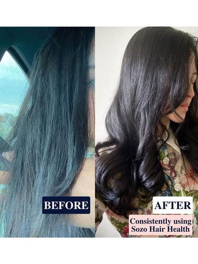 Before and after photos of a woman with black hair who has used the Sozo Hair Health Shampoo, Conditioner and Hair Mask