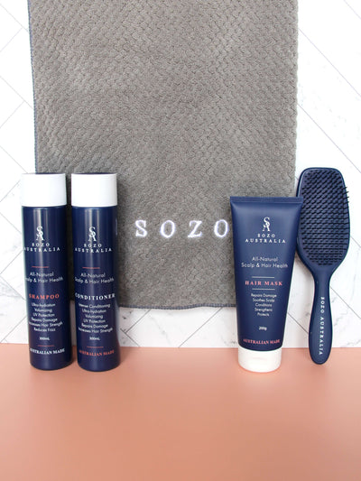 Sozo Australia's Healthiest Hair Bundle containing a shampoo, conditioner, hair mask, hairbrush and hair towel