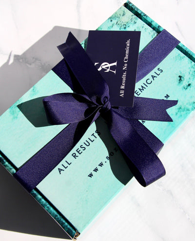Sozo Australia free gift wrapping includes a navy ribbon and a name card