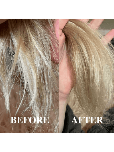 Before and after photos of a Sozo Australia customer with blonde, repaired and hydrated hair after using the all natural conditioner made in Australia