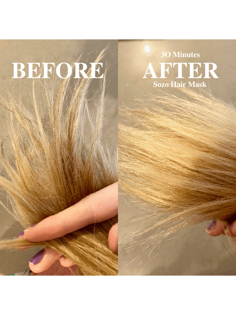 Natural haircare customer before and after photo showing dry, damaged, split ends being repaired 30 minutes after using the all-natural Sozo Hair Health Mask weekly treatment.