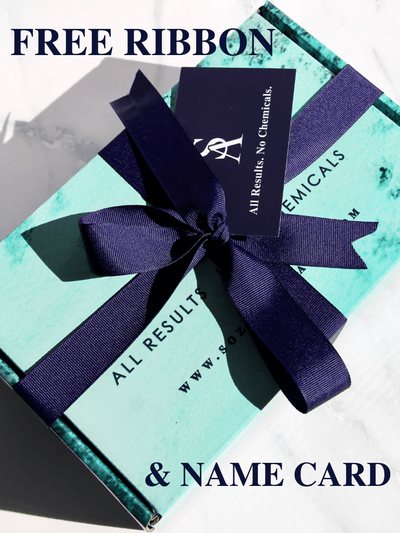 Complementary gift wrapping for all Sozo hair care products and bundles, which includes an aqua box, navy ribbon and navy name card