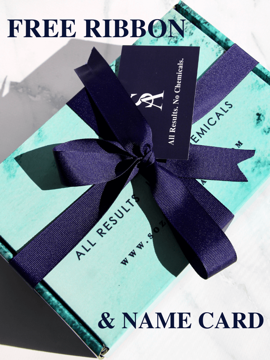 Free gift wrapping for all Sozo Australia haircare orders includes a complementary box, navy ribbon and a name card