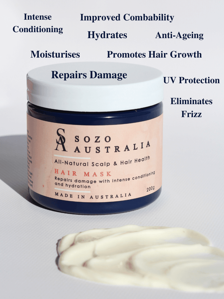 200g Sozo Hair Health Mask formulated for dry, damaged hair and is made in Australia to be used weekly for hydration