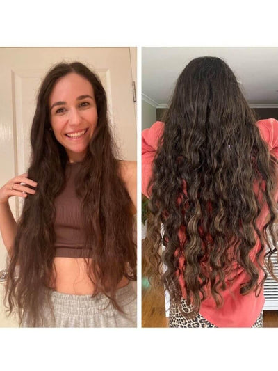 Sozo Australia customer before and after results with long, brown, curly, frizzy hair