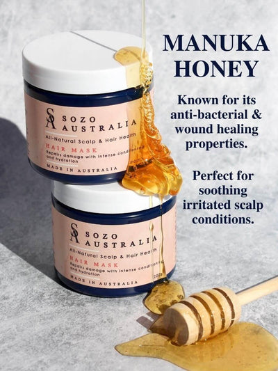 Sozo Australia natural hair mask treatment made with manuka honey for soothing irritated scalp conditions