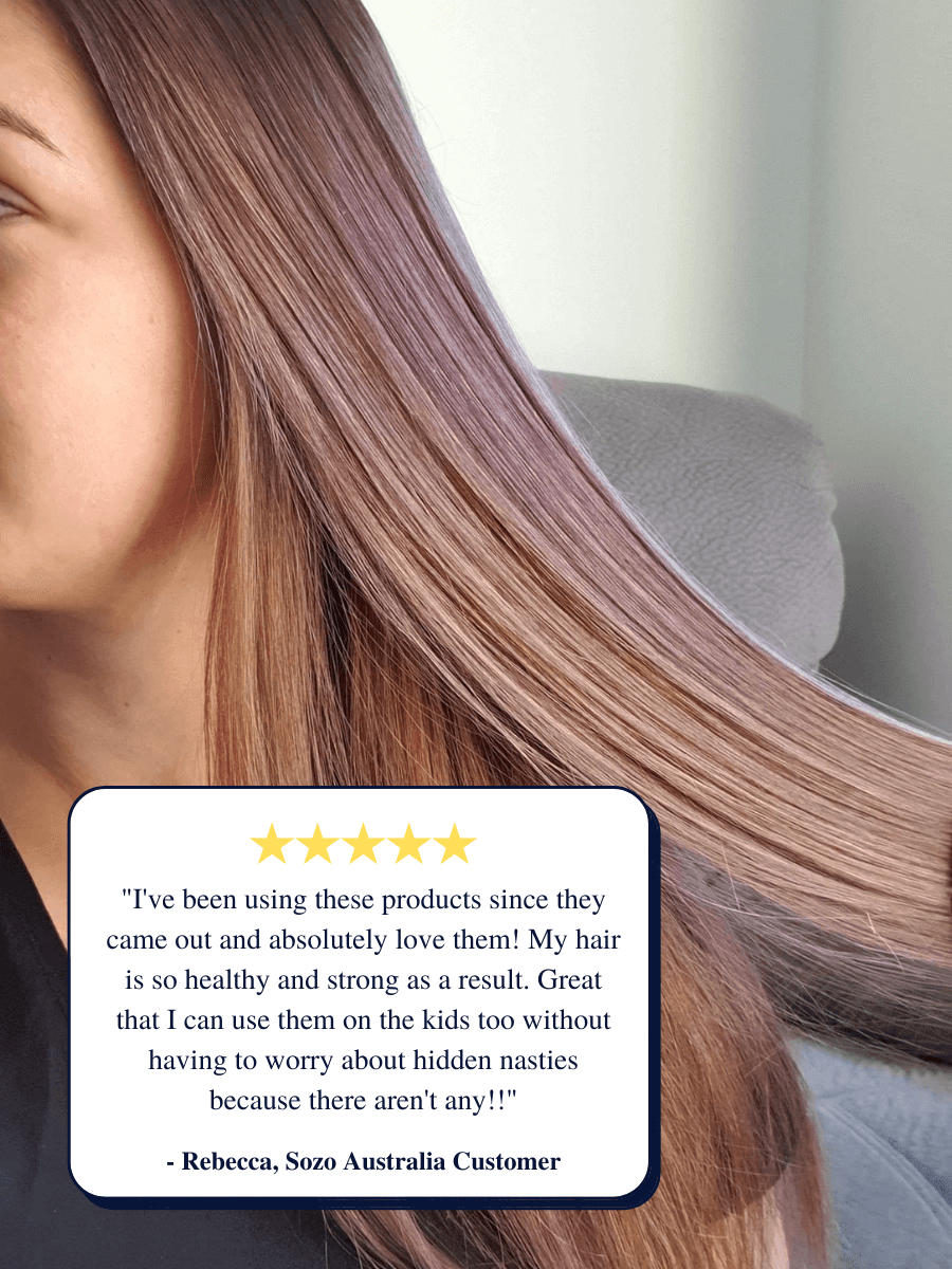 Woman with long, brown hair who is a customer of Sozo Australia showing healthy, hydrated hair after using best natural hair care products