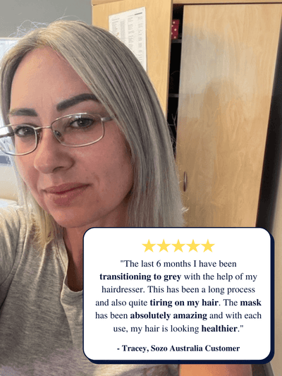 Woman with short, grey hair reviewing the best natural hair mask from Sozo Australia that has made her hair look healthier after transitioning to grey hair
