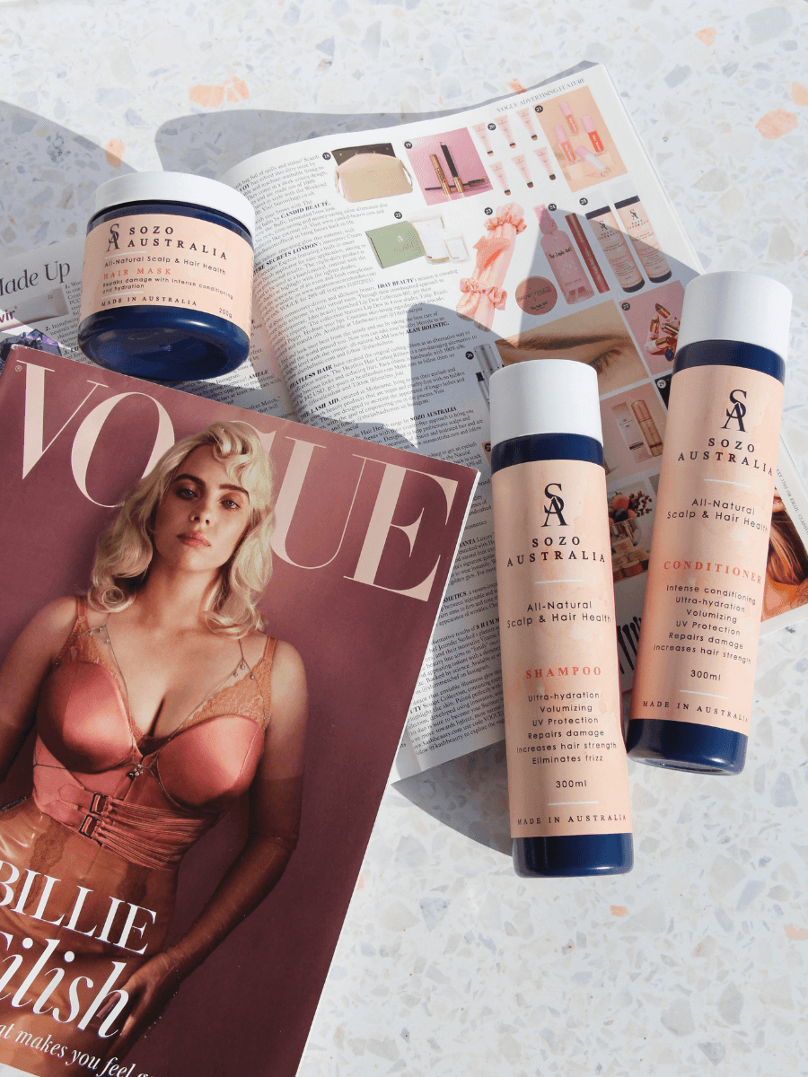The Sozo Australia Hair Health Trio, including natural shampoo, conditioner and hair mask, featured in the British Vogue magazine for June, July and August