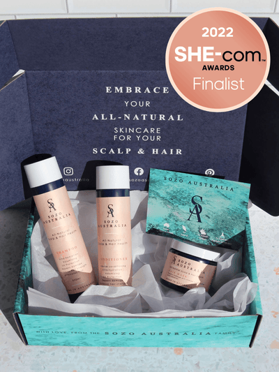 The Sozo Hair Health Trio haircare set is a finalist for the 2022 SHE-com awards, the trio includes a natural shampoo, conditioner and hair mask