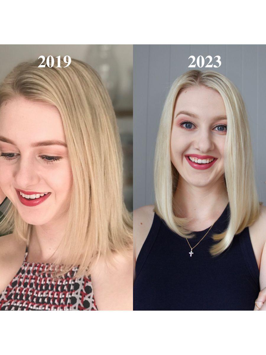 Haircare before and after photos of woman with short, blonde hair showing hair results since using Sozo Hair Health Shampoo, Conditioner and Hair Mask